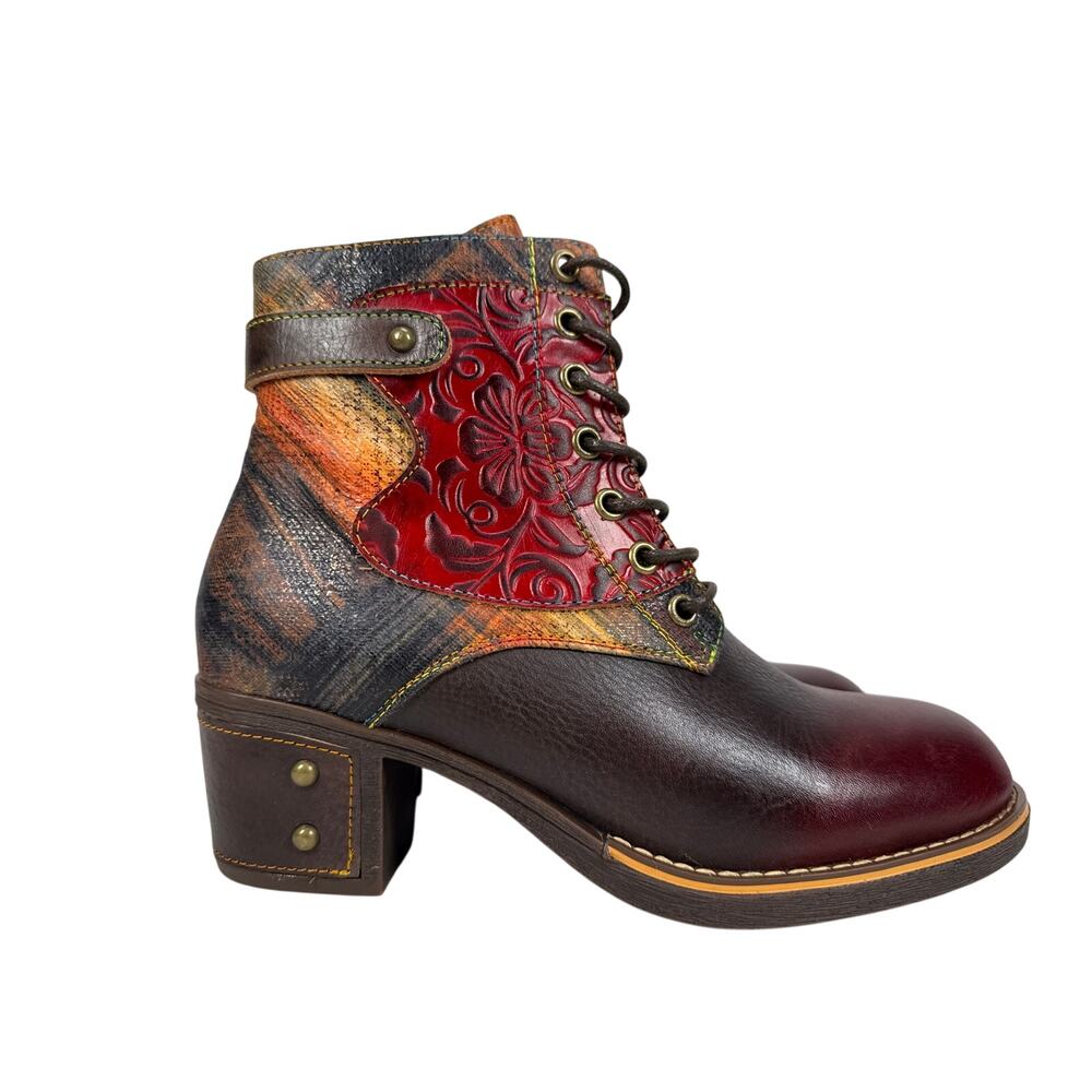 L'Artiste Spring Step Harmonic Boots Women 7.5-8 EU‎ 38 Floral Plaid Leather Zip